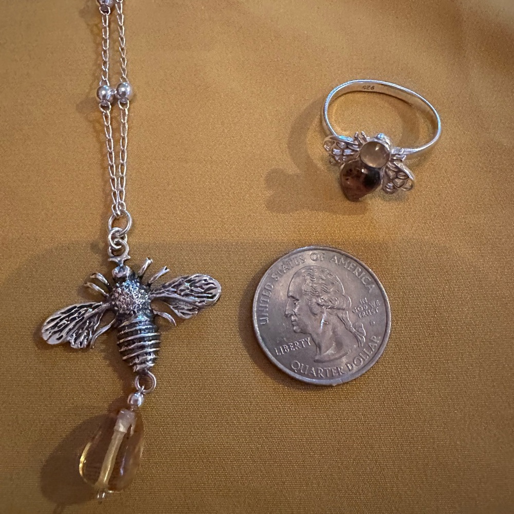 925 Sterling silver from taxco Mexico Bee Pendant Necklace and Ring Set Amber